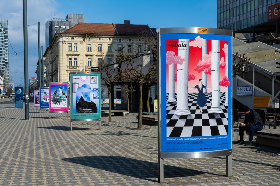 Serija plakatov za festival Fabula pred Šestico v Ljubljani. Naročnik: Beletrina. Foto: Tadej Kreft.